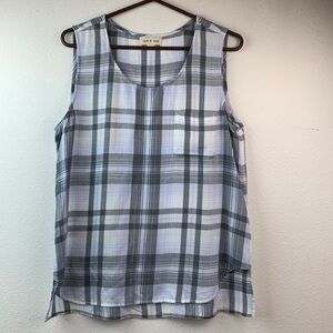 Anthropologie Cloth & Stone soft lightweight gray blue plaid sleeveless top EUC